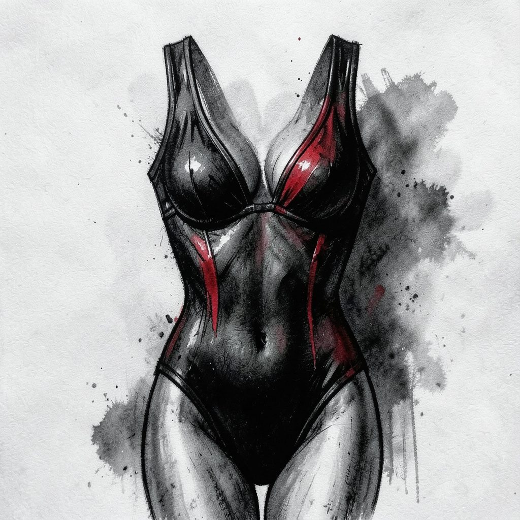 Kohlezeichnung eines einteiligen Bodysuits mit tiefem Ausschnitt, dramatische Hell-Dunkel-Kontraste, sinnliche Linienführung